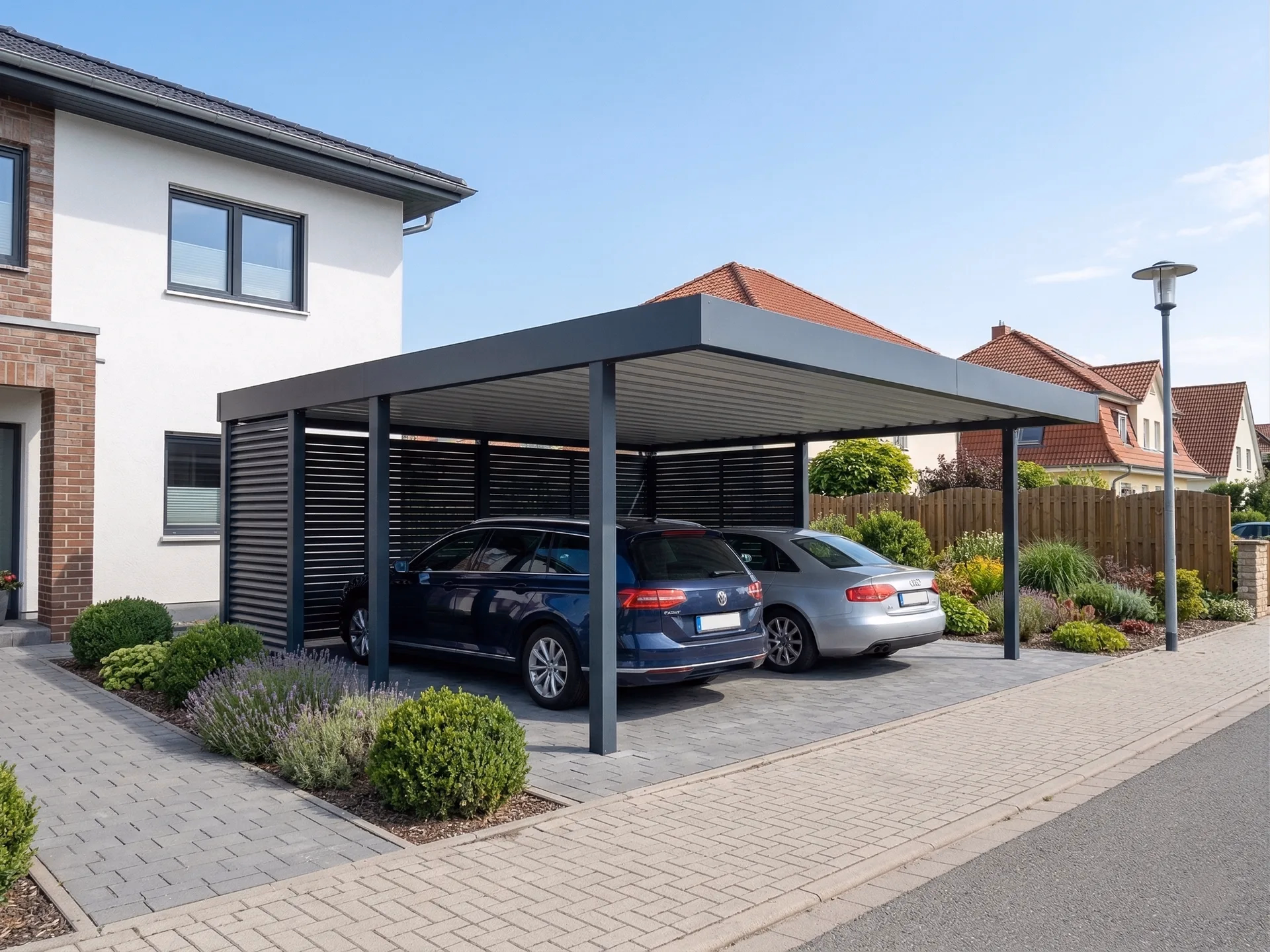 Doppelcarport aus Stahl mit Flachdach und Lamellen in Magdeburg