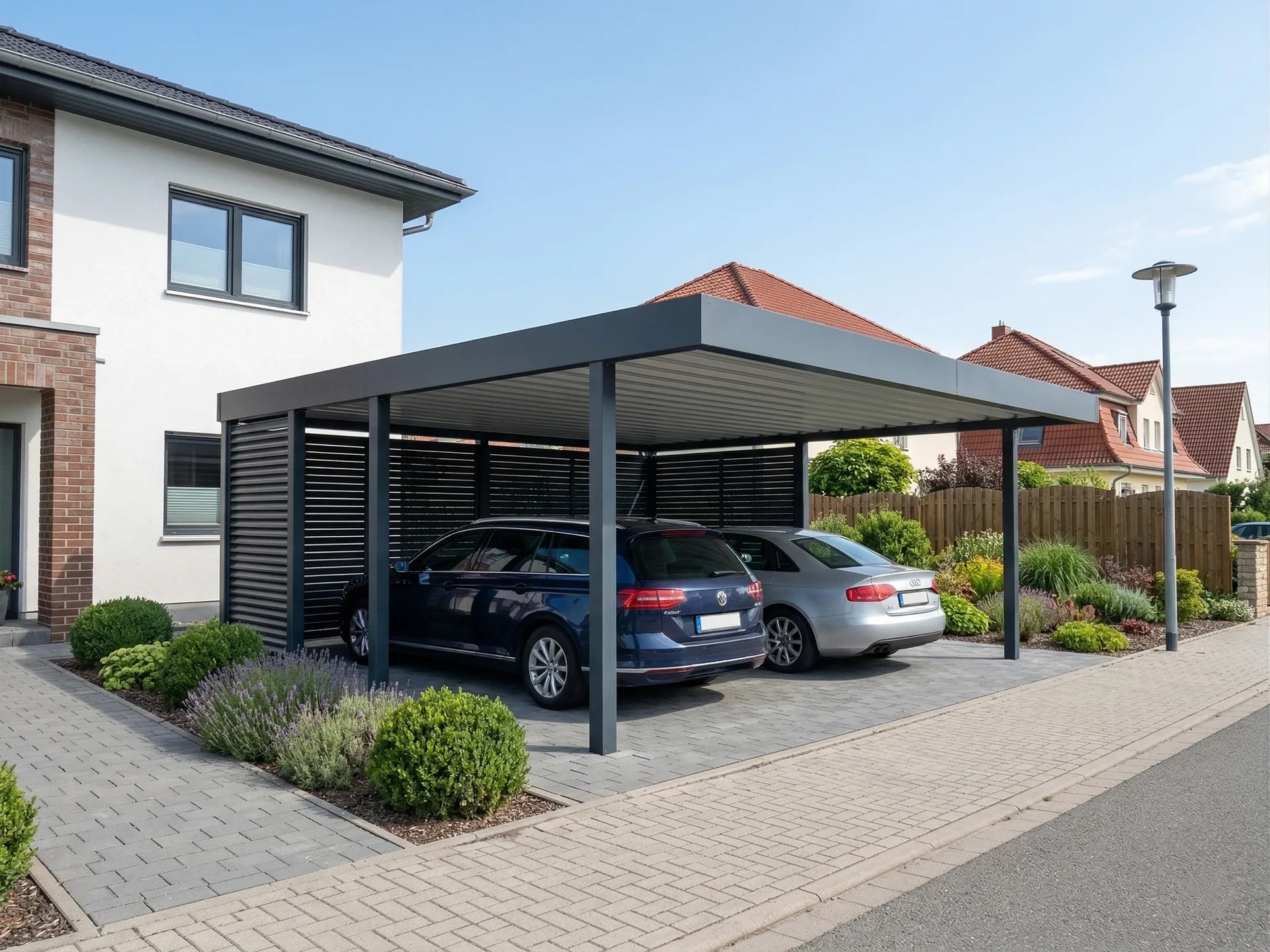 Doppelcarport aus Stahl mit Flachdach und Lamellen in Magdeburg
