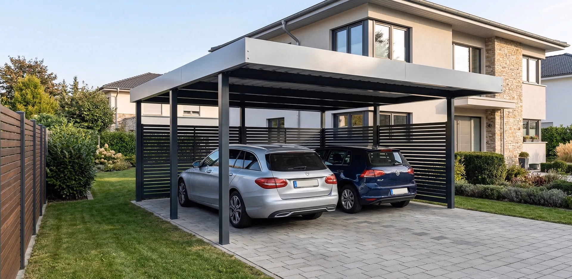 Doppelcarport aus Stahl mit Lamellen-Seitenwänden in Potsdam