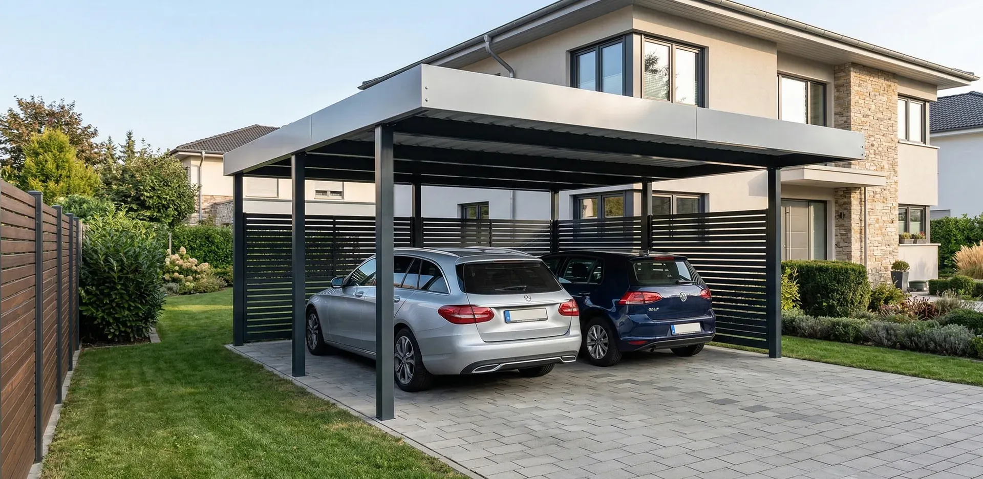 Carport aus Metall mit Lamellen-Seitenwänden