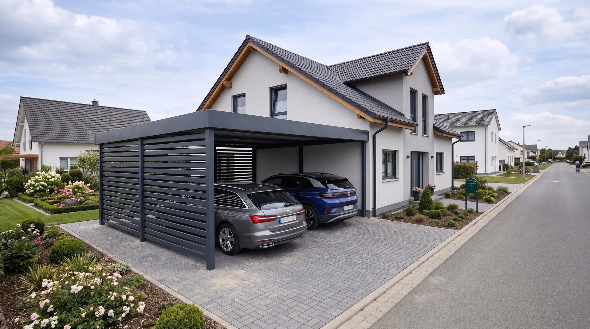 Doppelcarport aus Stahl mit Lamellen-Seitenwand in Anthrazit in Erfurt