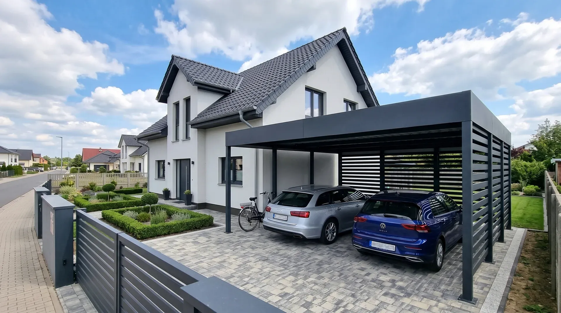 Doppelcarport aus Stahl mit Lamellen-Seitenwand in Anthrazit — realisiert in Hannover