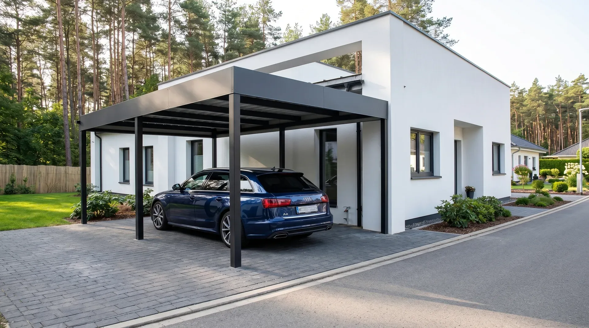 Einzelcarport aus Stahl mit Flachdach im Bauhaus-Stil in Dresden — Beispiel für eine realisierte Anfrage