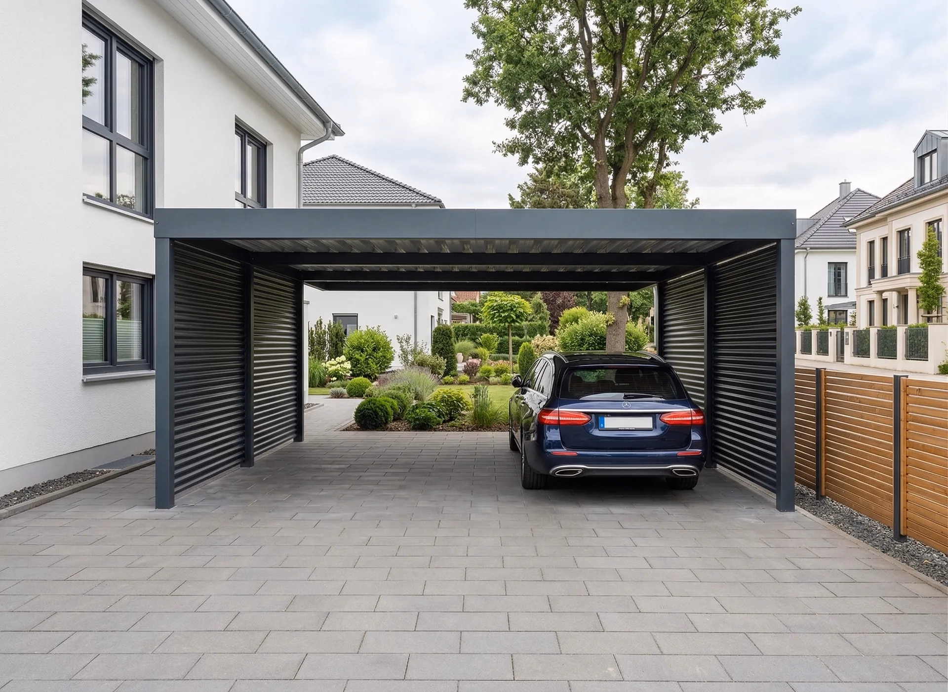 Einzelcarport aus Stahl mit Lamellen-Seitenwand in Hamburg