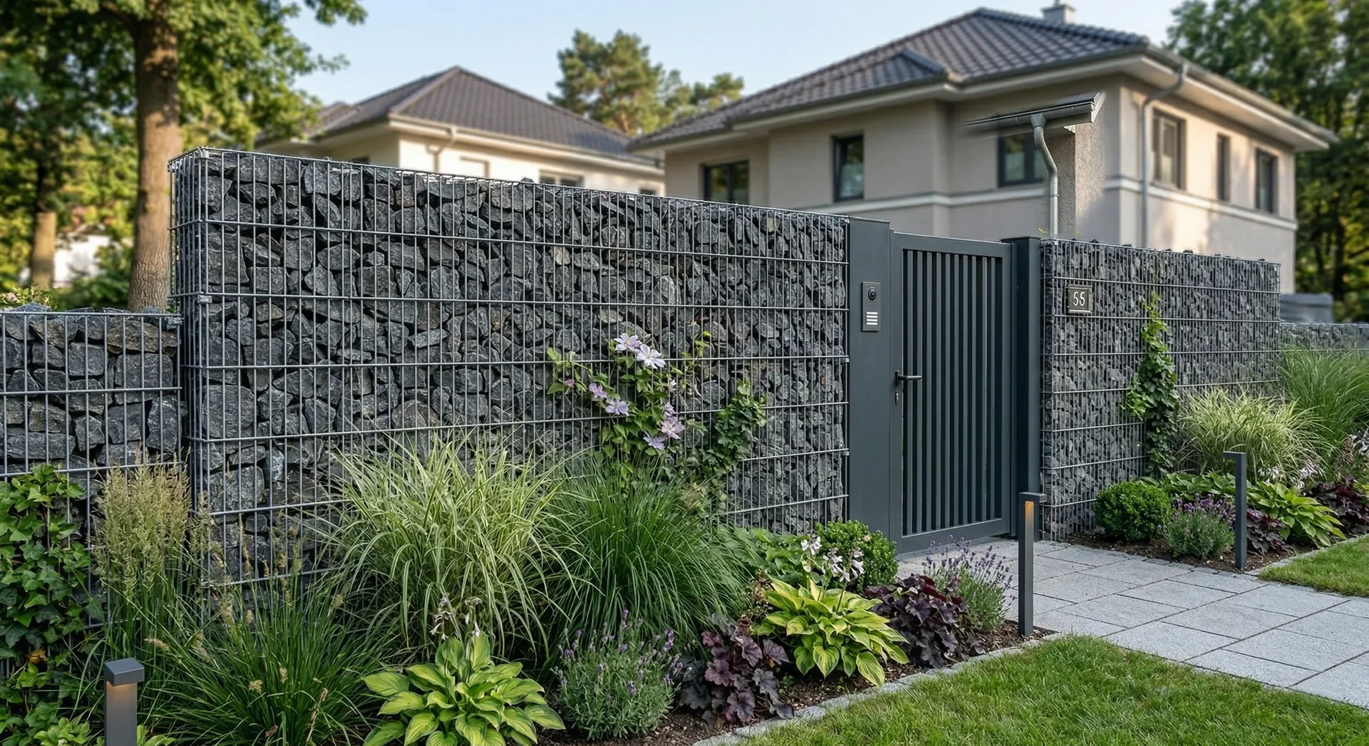 Gabionenzaun als moderne Grundstücksgrenze mit Einfahrt