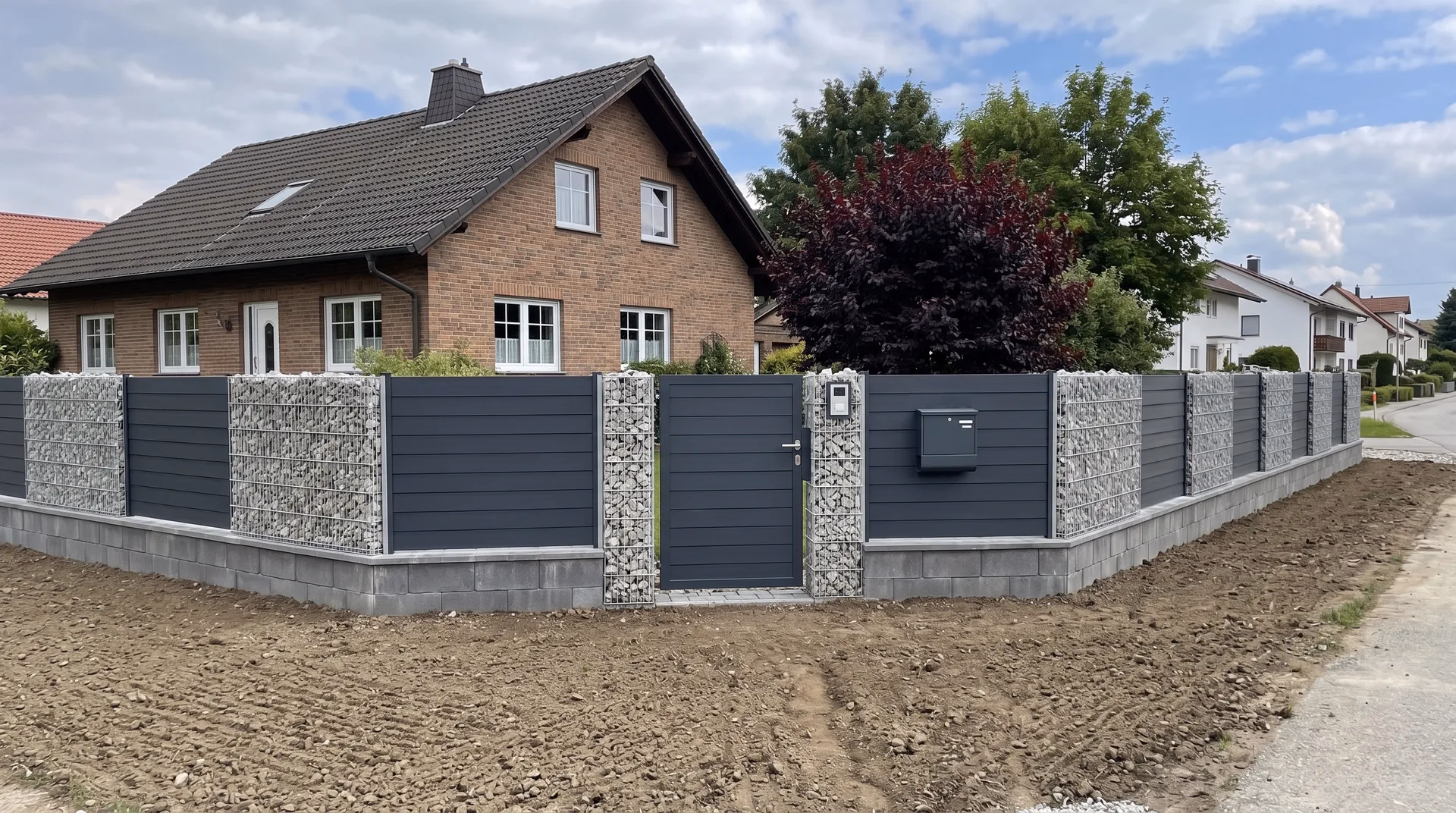 Gabionenzaun mit Lamellenfüllung und Pforte mit Briefkasten an einem Klinkerhaus in Dresden