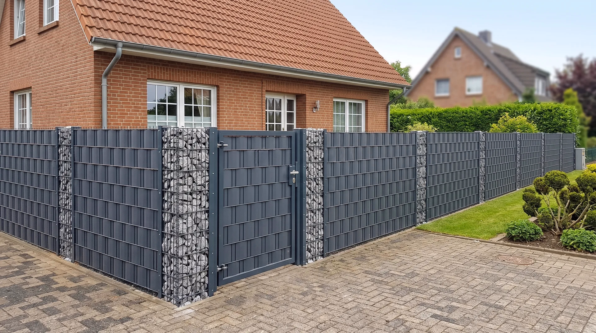 Gabionenzaun mit Lamellen-Sichtschutz und Pforte an einer Klinkerfassade in Rostock