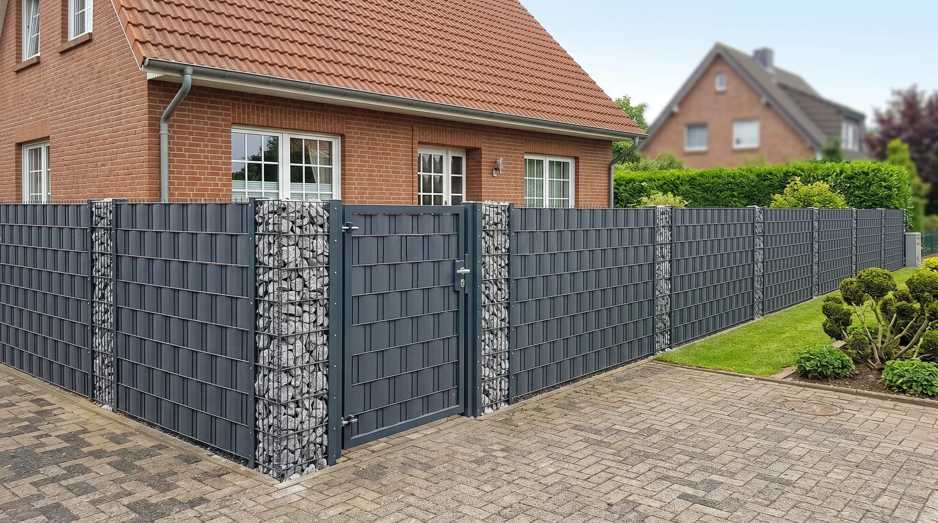 Gabionenzaun mit Lamellen-Sichtschutz und Pforte an einer Klinkerfassade in Rostock