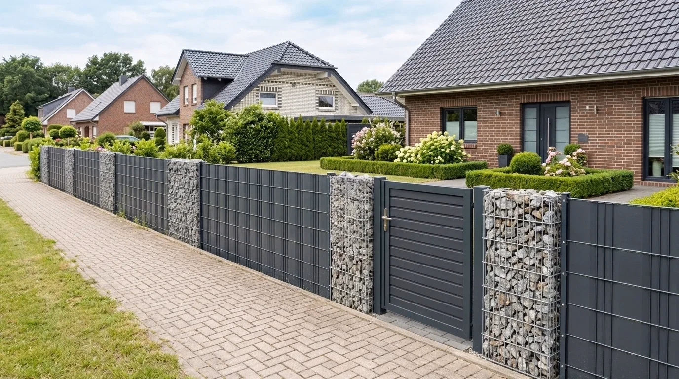 Gabionenzaun mit Lamellen-Sichtschutz und Pforte in einer Siedlung in Schwerin