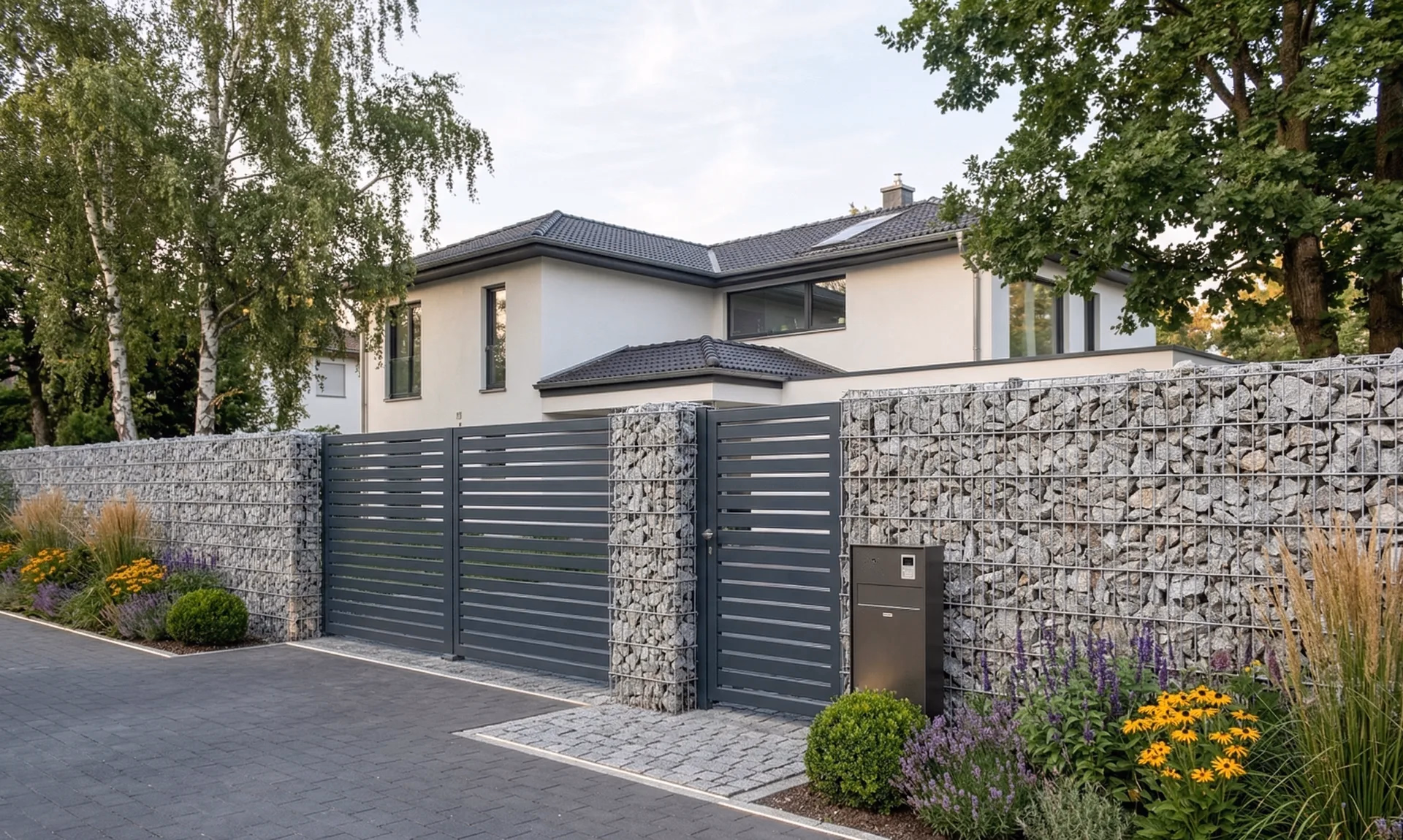 Gabionenzaun mit Naturstein und Lamellentor als Einfriedung in Leipzig