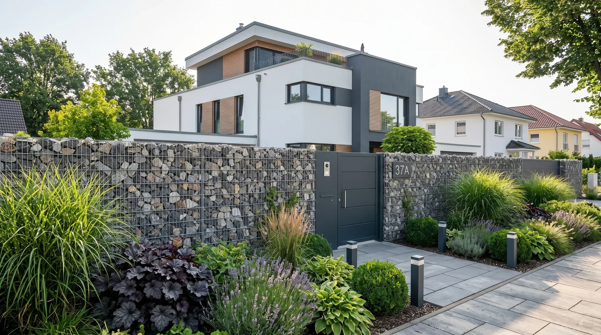 Gabionenzaun mit Naturstein und Pforte an einem modernen Kubushaus in Erfurt