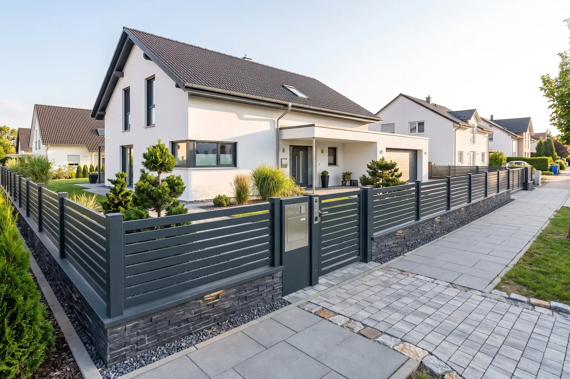 Moderner Metallzaun mit horizontalen Lamellen in Berlin-Lichterfelde