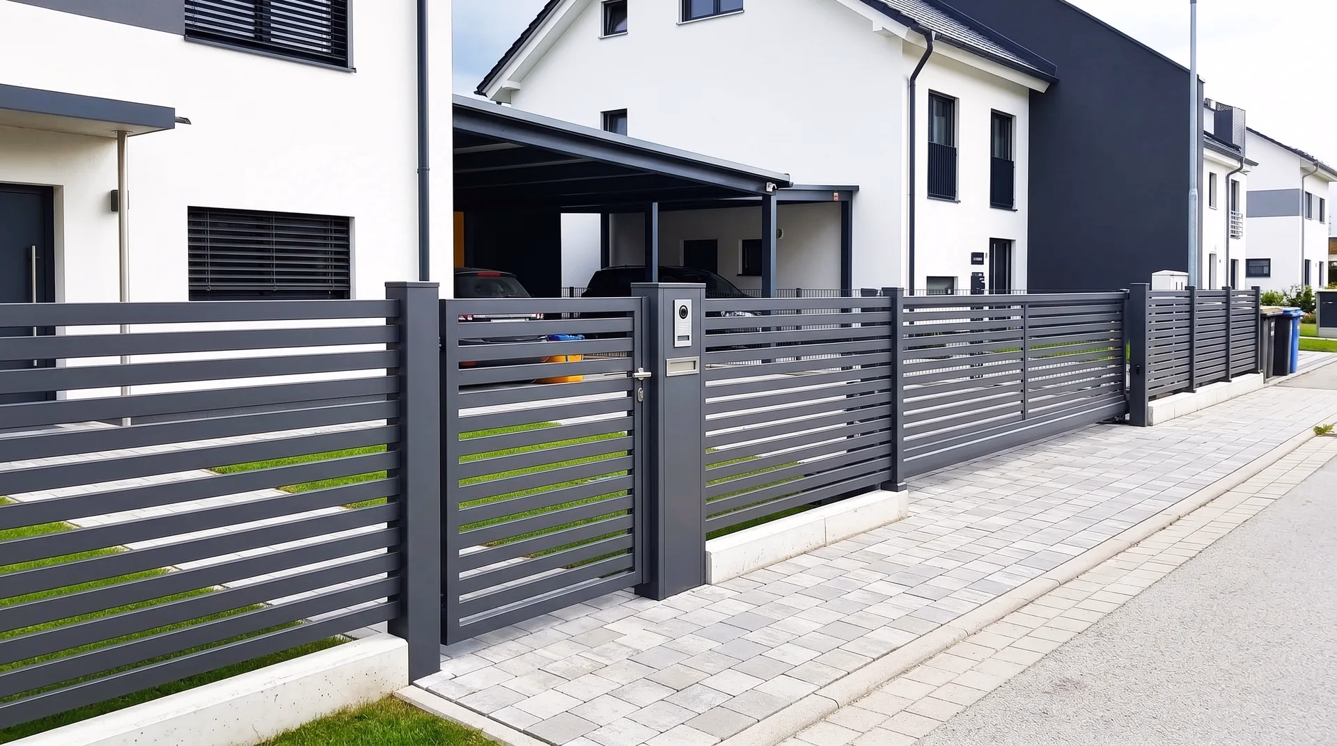 Metallzaun mit horizontalen Lamellen und Pforte neben Carport in Erfurt