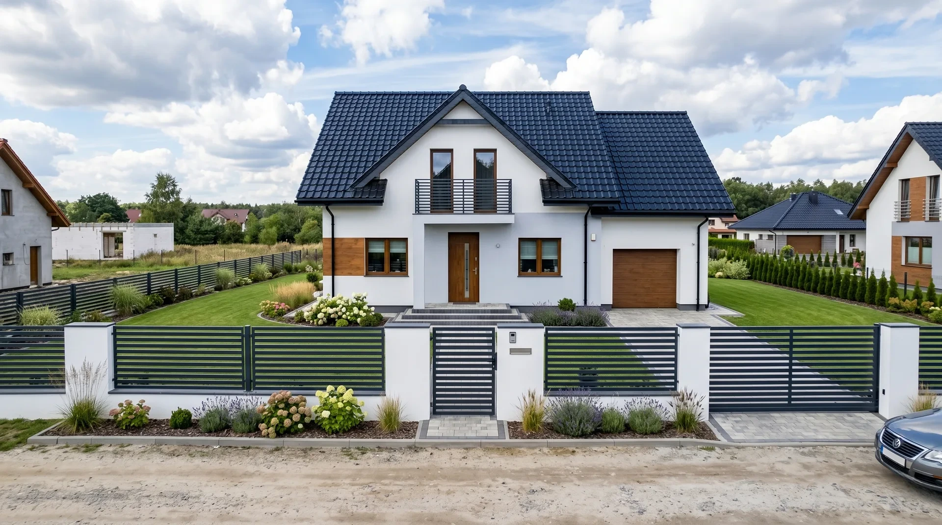 Metallzaun mit horizontalen Lamellen und Schiebetor an einem Einfamilienhaus in Hamburg