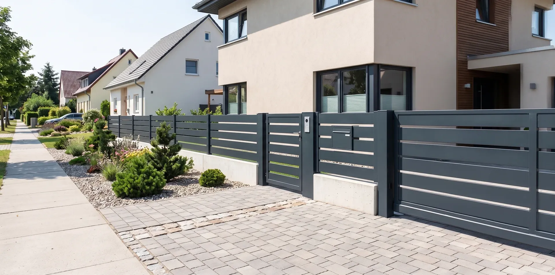 Moderner Metallzaun vor Einfamilienhaus