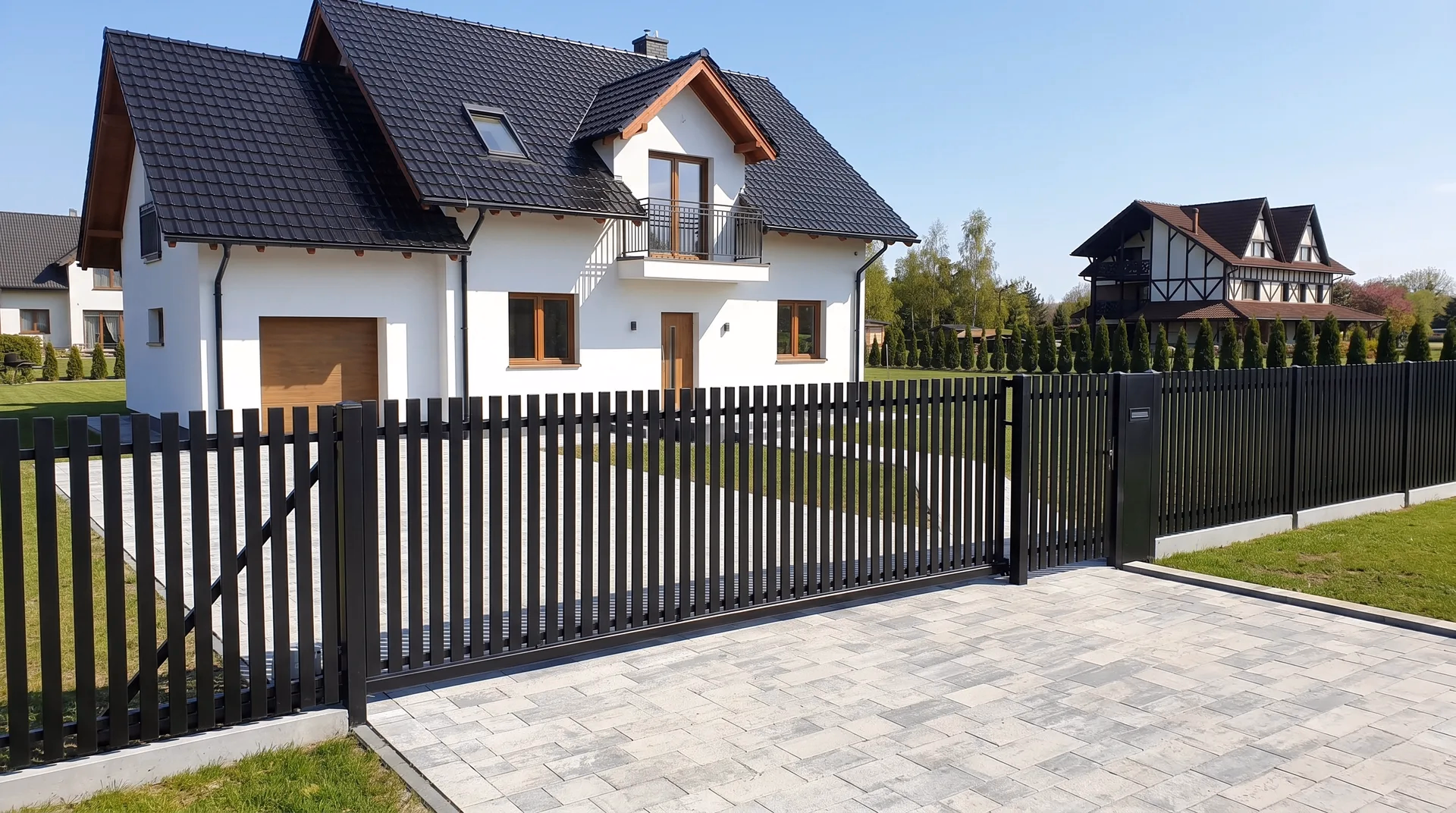 Modernes Schiebetor mit Staketen — montiert in Rostock