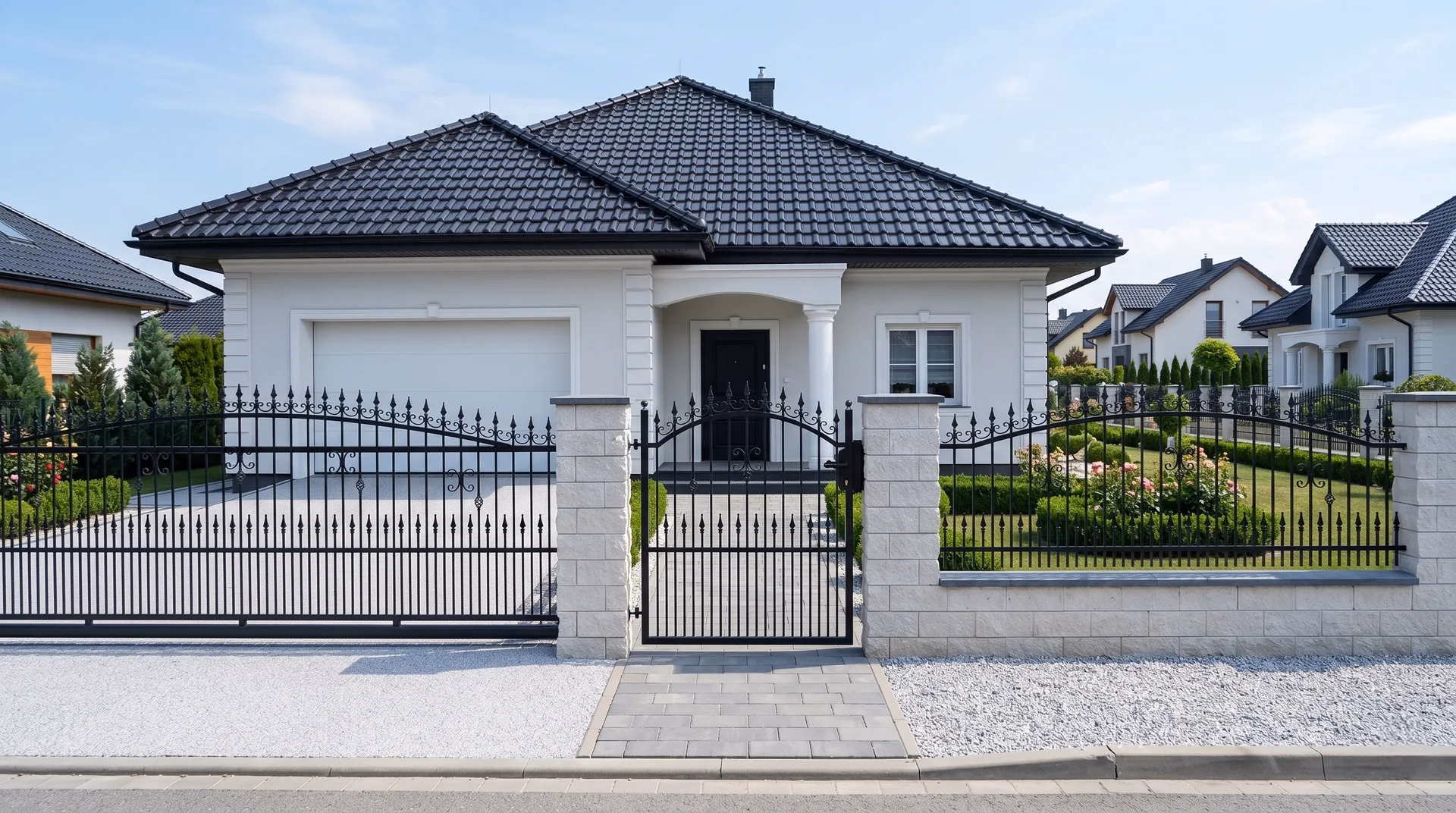 Schmiedezaun in Schwarz mit Steinpfeilern vor einer Villa mit Portikus in Schwerin