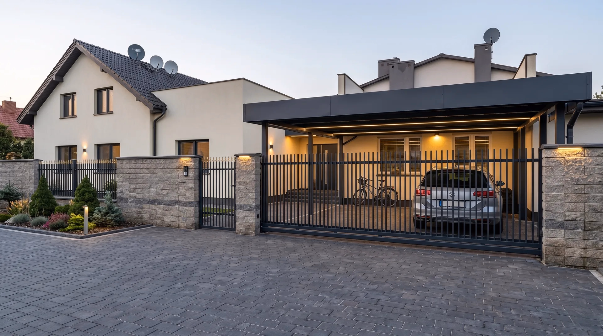 Stahlcarport mit Abstellraum und Steinmauer mit Beleuchtung in Schwerin