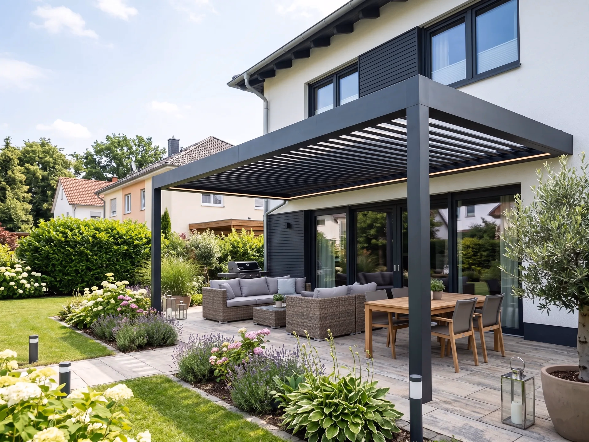 Große Terrassenüberdachung aus Stahl mit Lamellendach und Lounge in Magdeburg