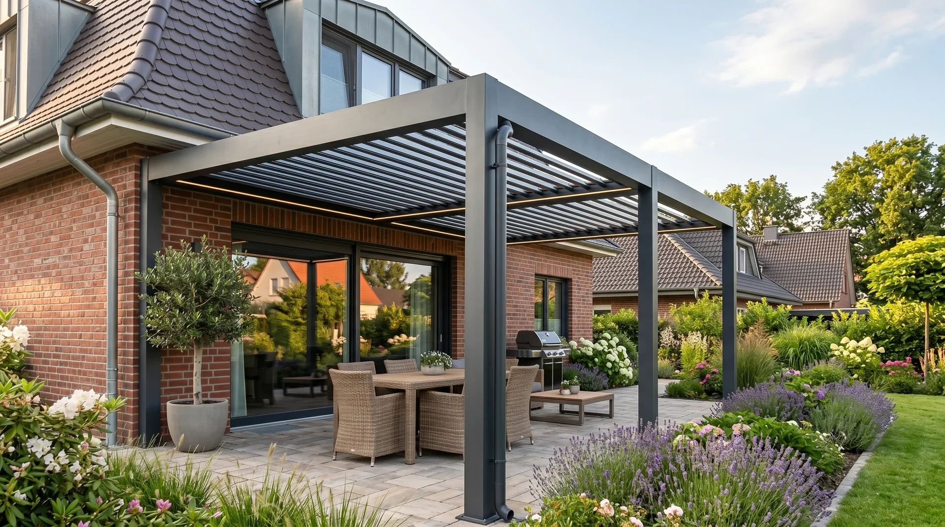 Terrassenüberdachung aus Stahl mit Lamellendach an Klinkerfassade in Eberswalde