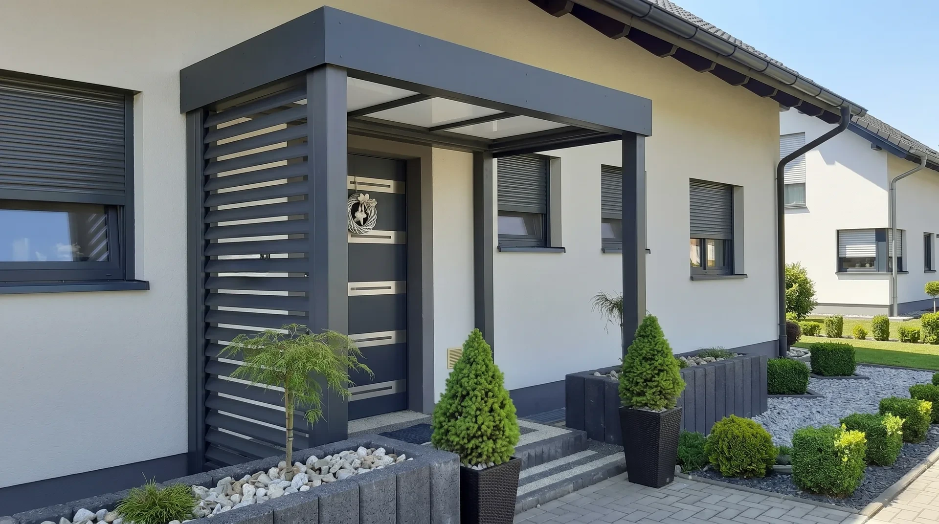 Vordach aus Stahl mit Lamellen-Seitenwand an einem Bungalow in Magdeburg