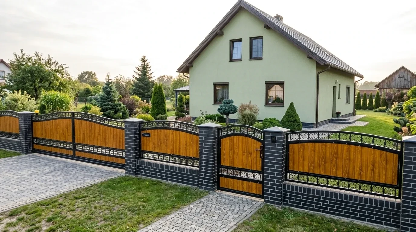 WPC-Zaun in Holzoptik mit Ornamentrahmen und Klinkerpfeilern an einem Einfamilienhaus in Erfurt