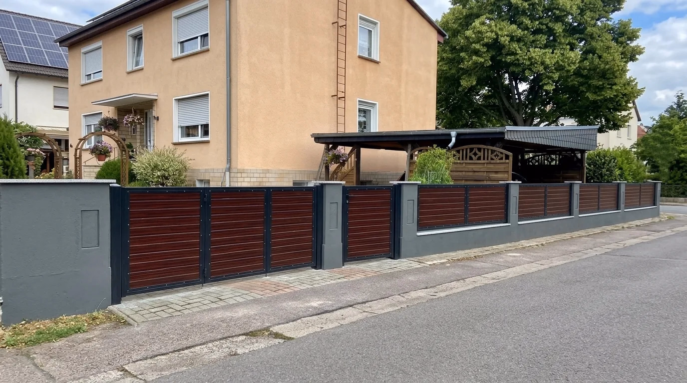 WPC-Zaun in Mahagoni mit Anthrazit-Pfosten und Carport in Cottbus